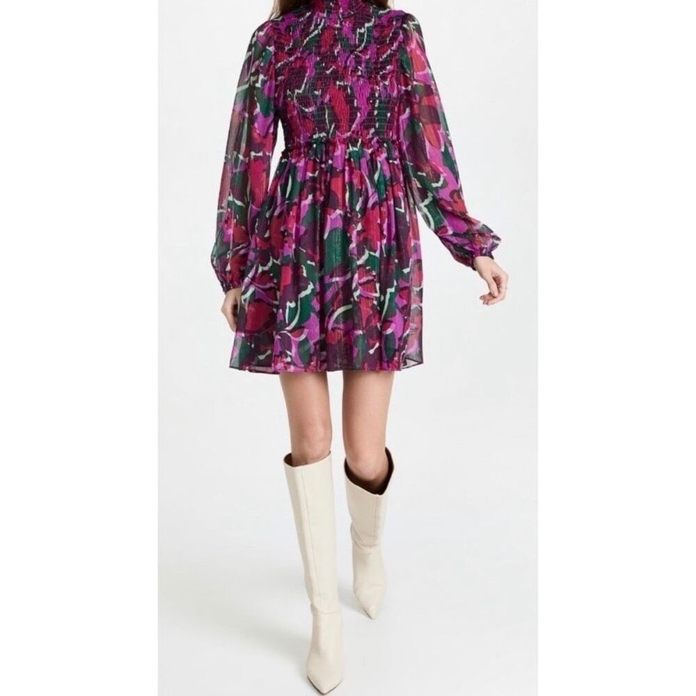 Misa Los Angeles Jessa Dress Small Smocked Floral Metallic Long Sleeve Mini Boho